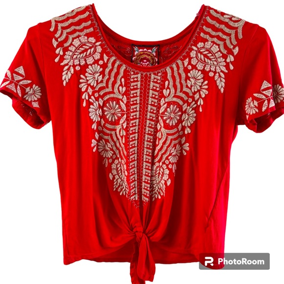 Johnny Was Tops - Johnny Was Embroidered Knot Tie Boho Top